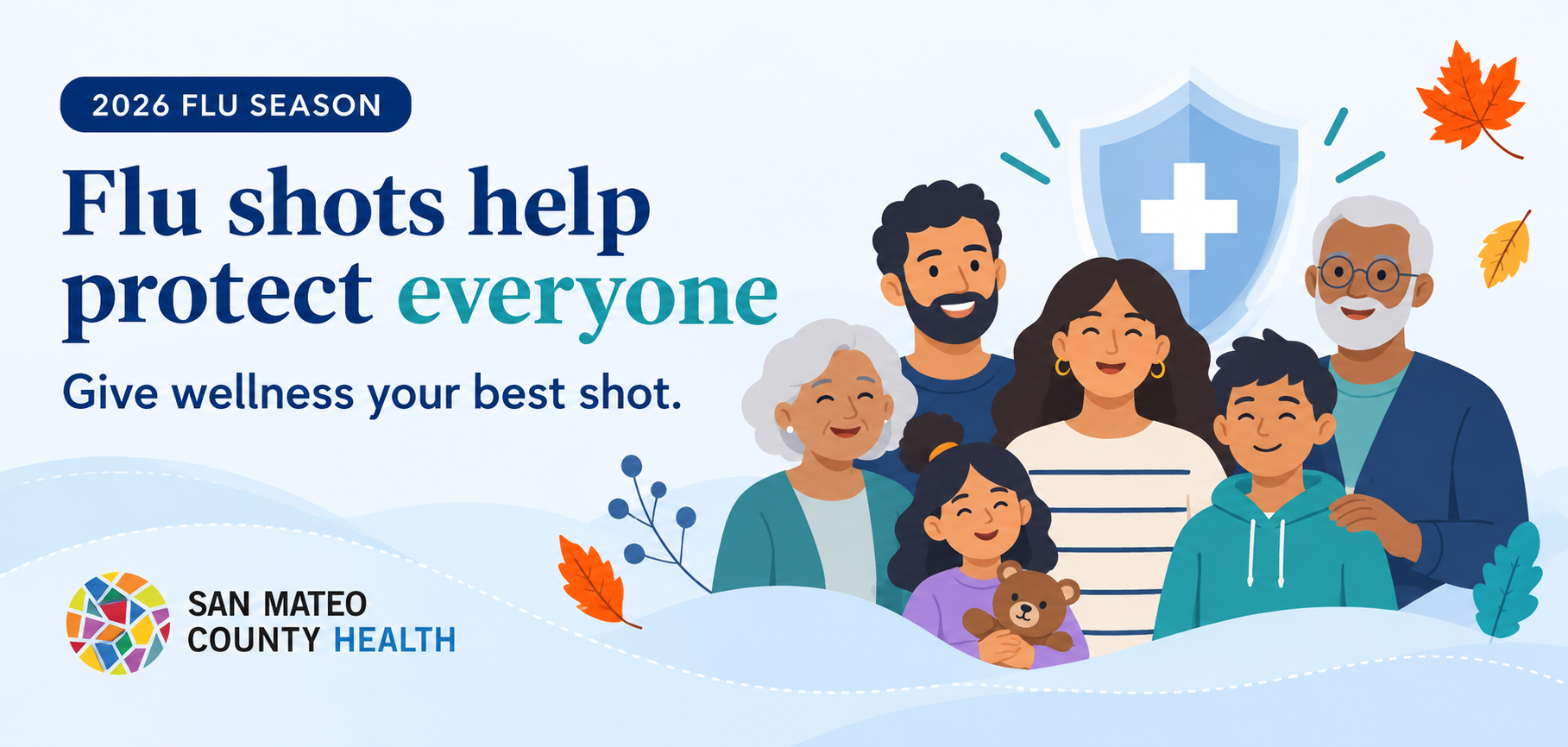 2026 flu season graphic promoting flu vaccination for people of different ages. Give wellness your best shot.